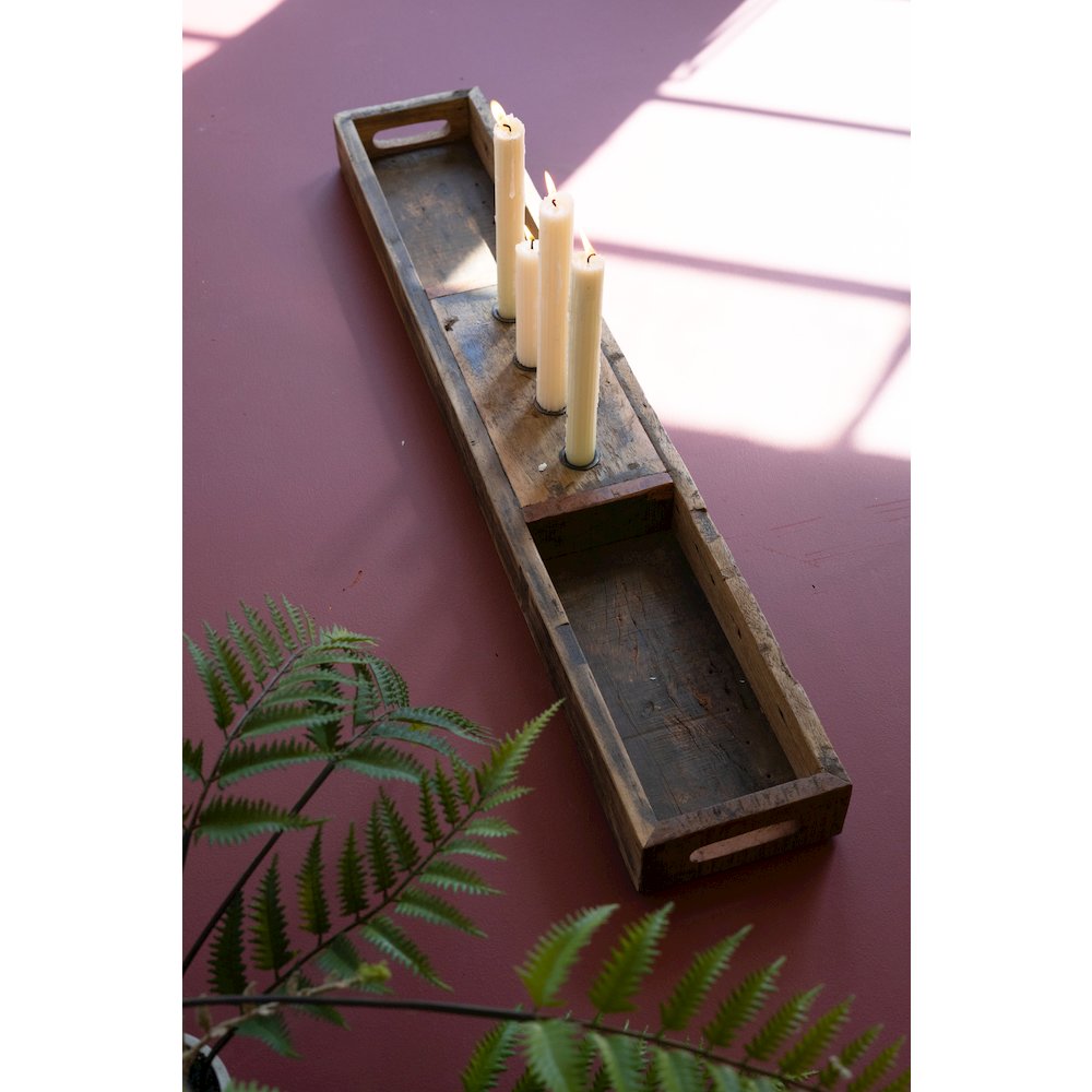 Recycled Wooden Tray With Four Candle Holders. Picture 3
