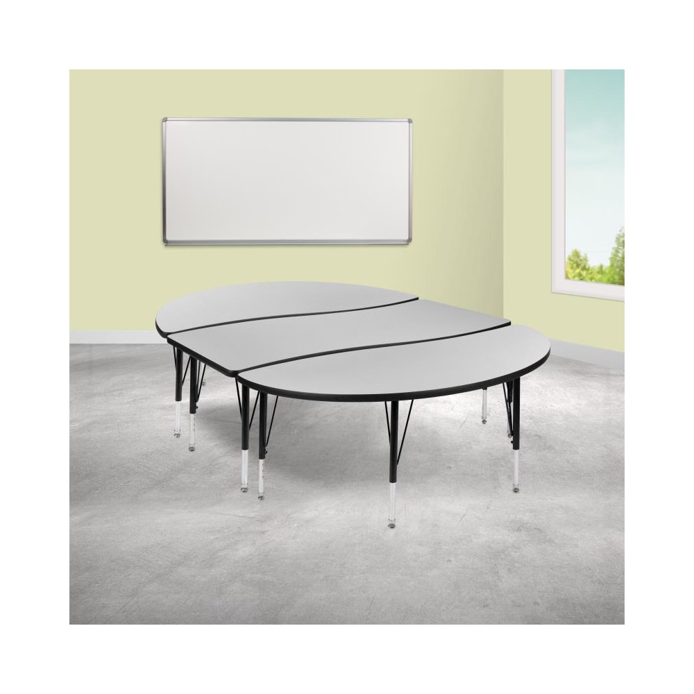 3 Piece 86" Oval Wave Flexible Grey Thermal Laminate Activity Table Set - Height Adjustable Short Legs. Picture 2