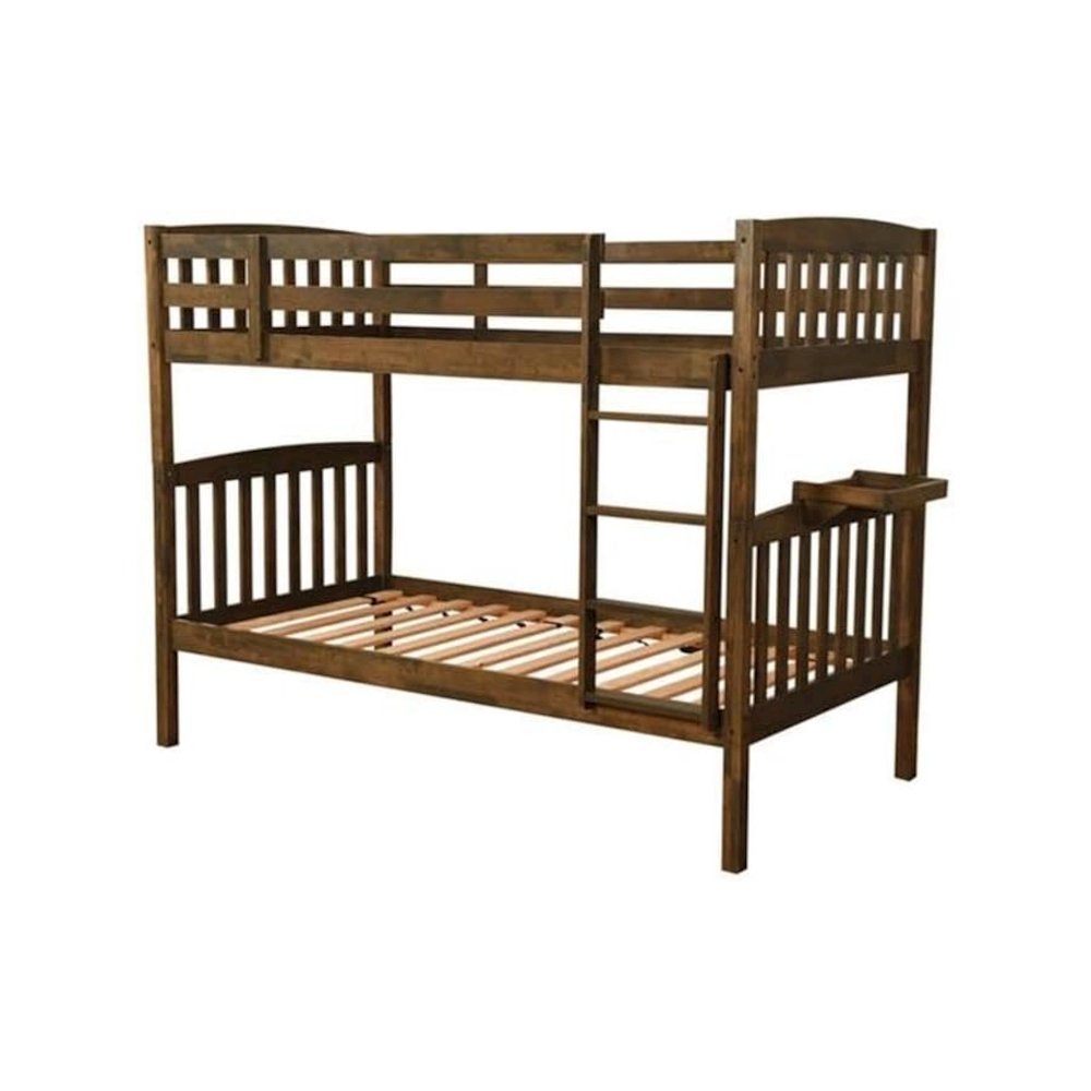 Claire Twin Wood Bunk Bed with Tray in Brown-Mattresses Not Included. Picture 1