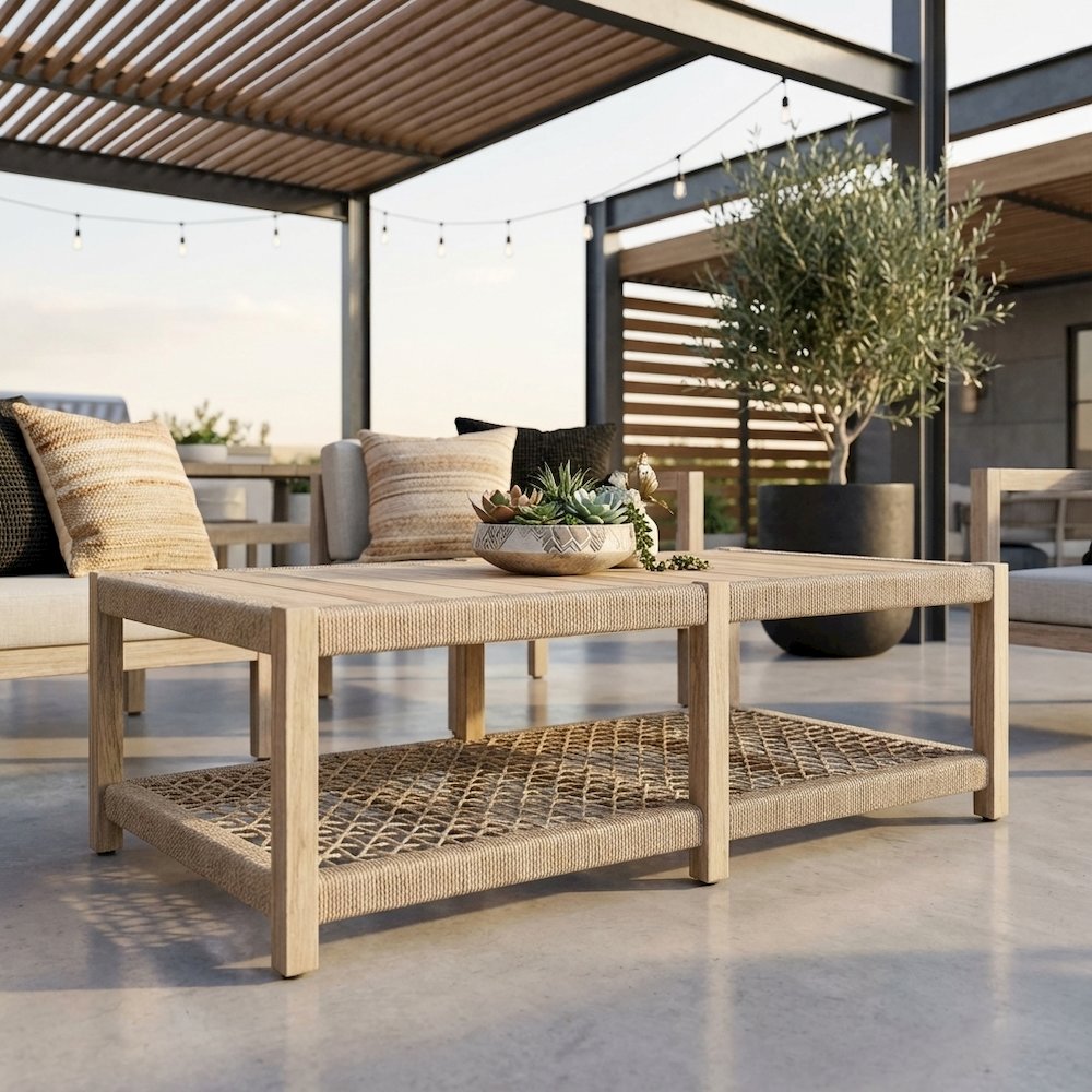 Beige Outdoor Coffee Table with Solid Teak Wood Frame, Polyolefin Rope Top Shelf. Picture 2