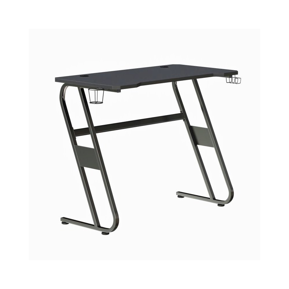 Black Gaming Ergonomic Desk with Cup Holder and Headphone Hook. Picture 1