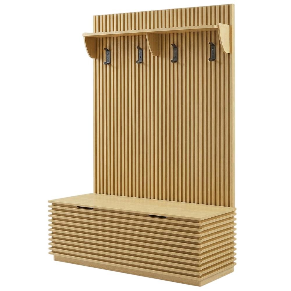 Fluted Hall Tree with Storage Bench, Coat Rack & Shoe Storage, Entryway, Oak. Picture 1