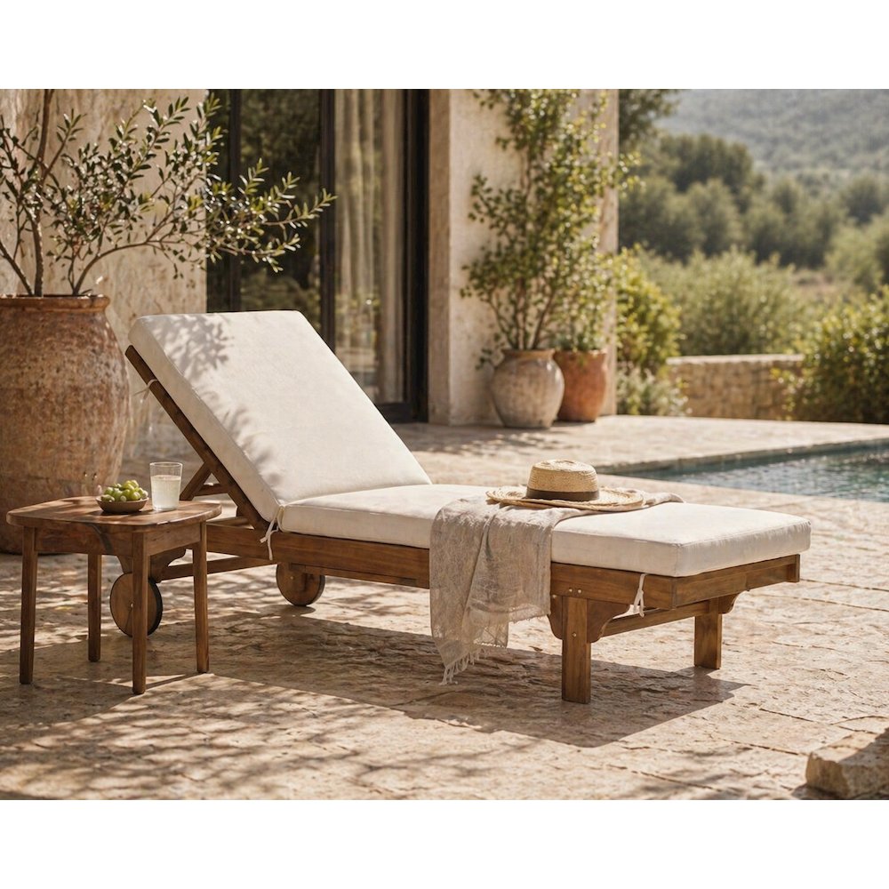Outdoor Lounge Chair with Side Table in Natural Eucalyptus Wood Finish. Picture 8