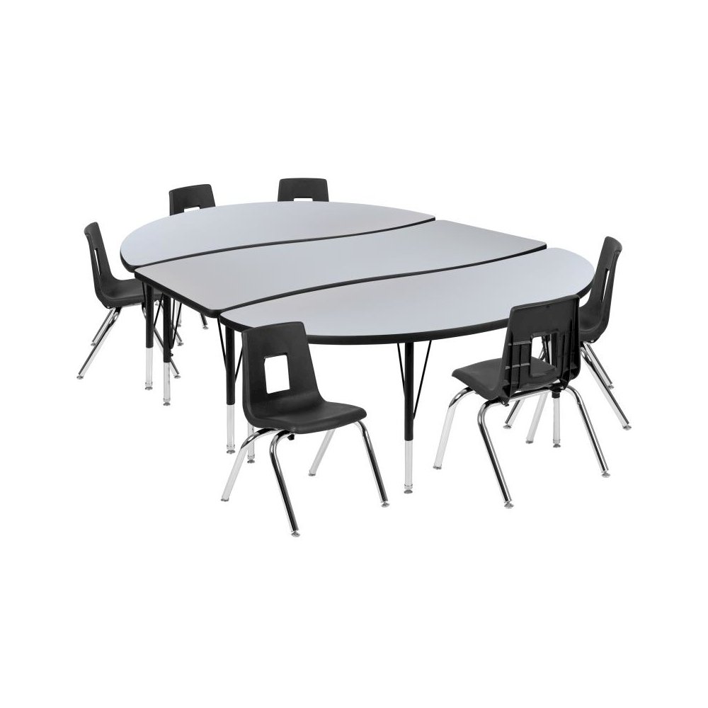 Mobile 86" Oval Wave Flexible Laminate Activity Table Set with 14" Student Stack Chairs, Grey/Black. Picture 1