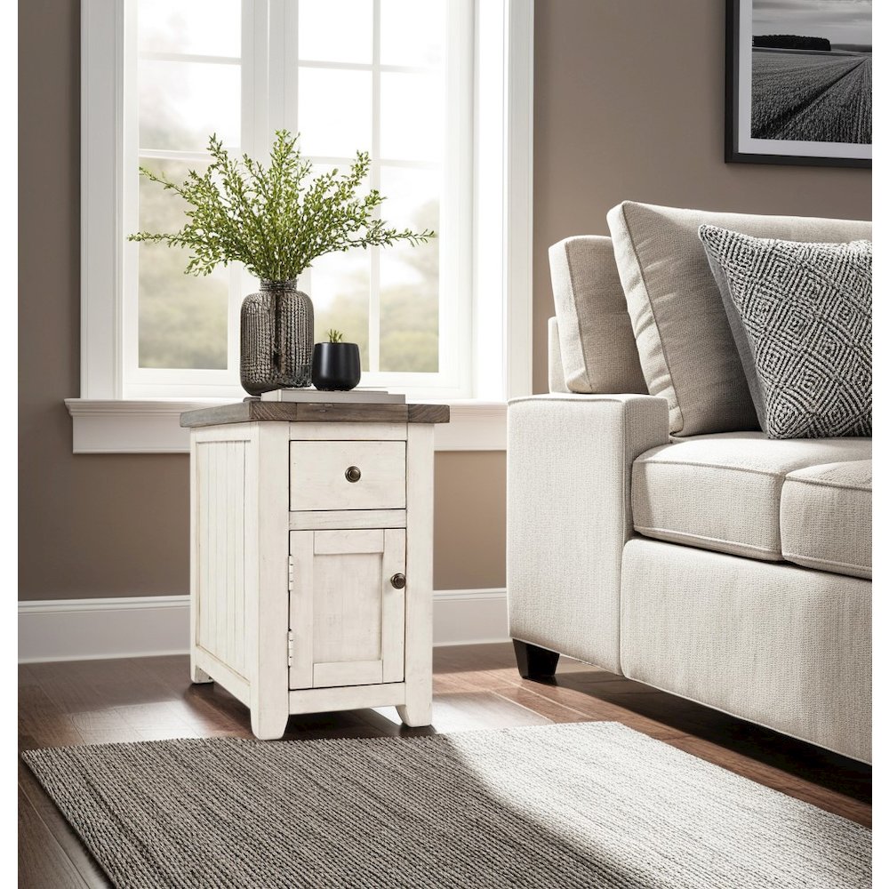 White Rustic Farmhouse Chairside Table with Reclaimed Pine Wood Construction. Picture 3