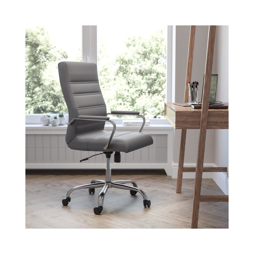 High Back Gray LeatherSoft Executive Swivel Office Chair with Chrome Frame and Arms. Picture 2