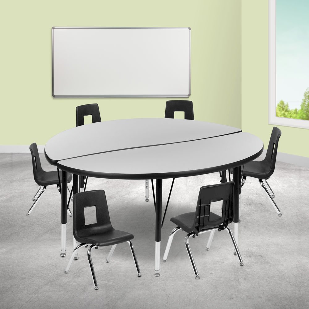 47.5" Circle Wave Flexible Laminate Activity Table Set with 12" Student Stack Chairs, Grey/Black. Picture 2