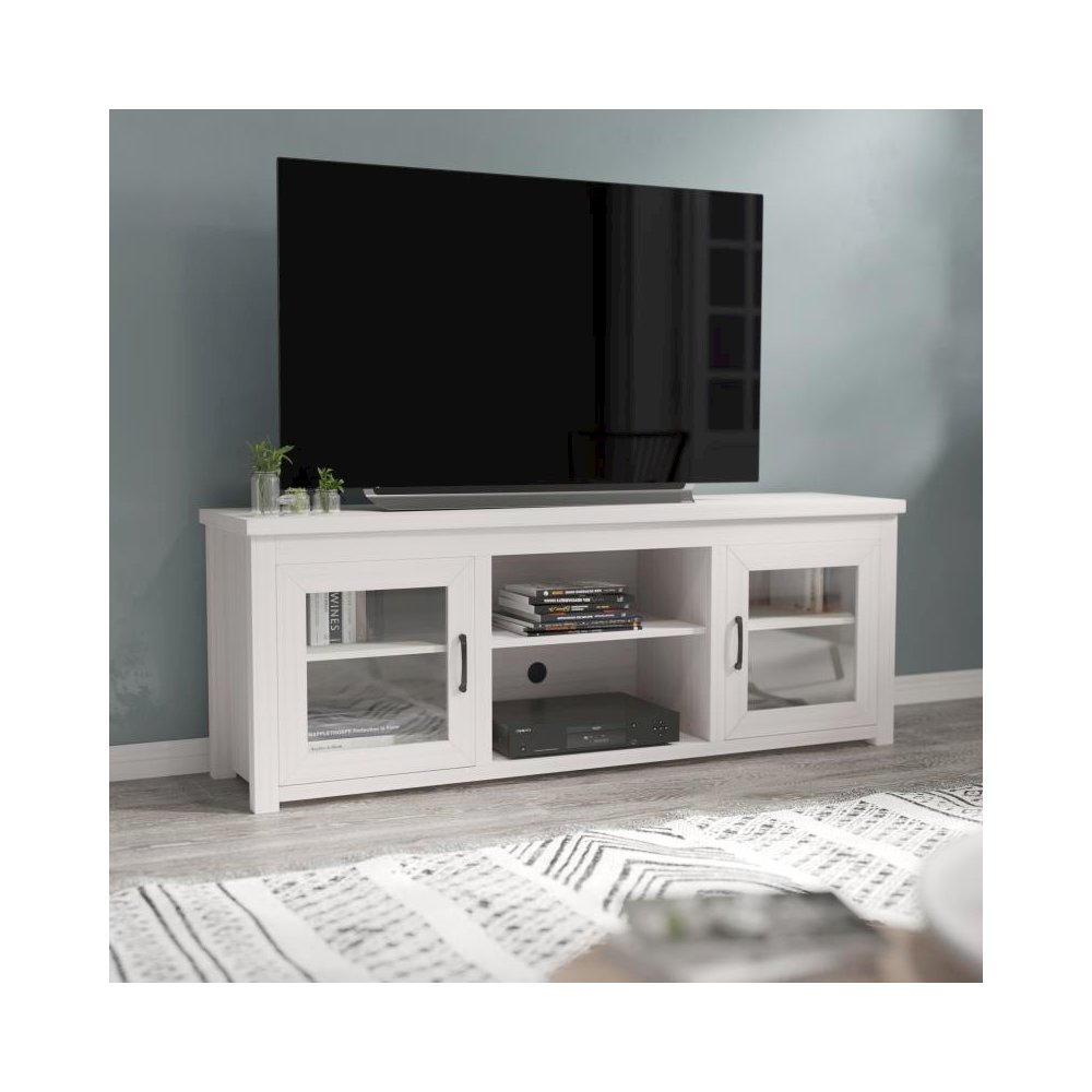 Classic TV Stand up to 80" TVs - Modern White Wash Finish with Full Glass Doors  - 65" Engineered Wood Frame - 3 Shelves. Picture 2