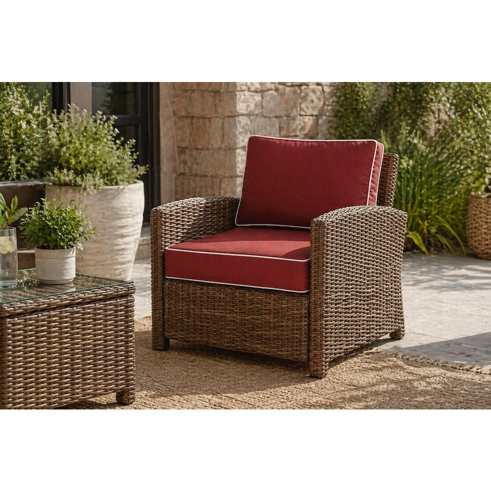 Weathered Brown Outdoor Wicker Arm Chair with Durable Frame. Picture 6