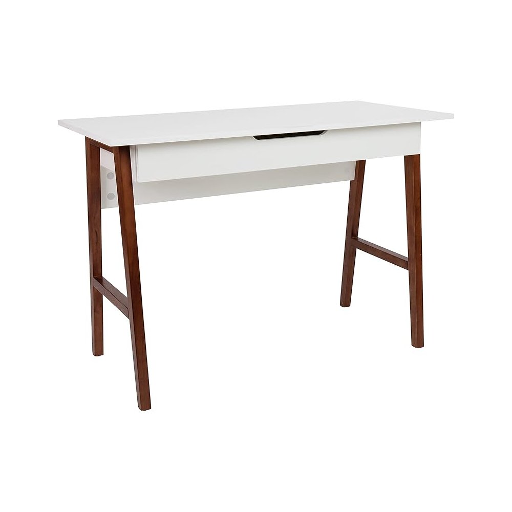 Home Office Writing Computer Desk with Drawer - Table Desk for Writing and Work, White/Walnut. Picture 1