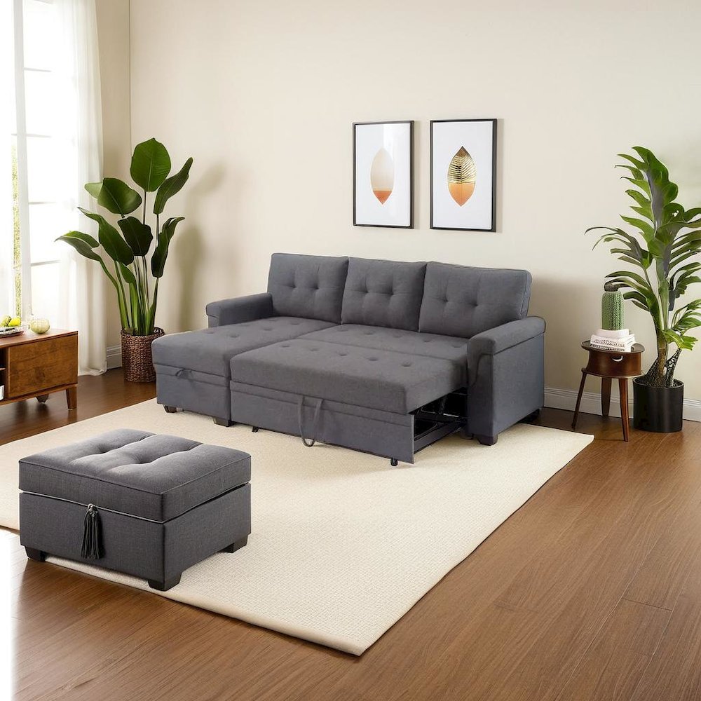 Stylish Reversible Sleeper Sectional Sofa with Storage Chaise in Dark Gray. Picture 6