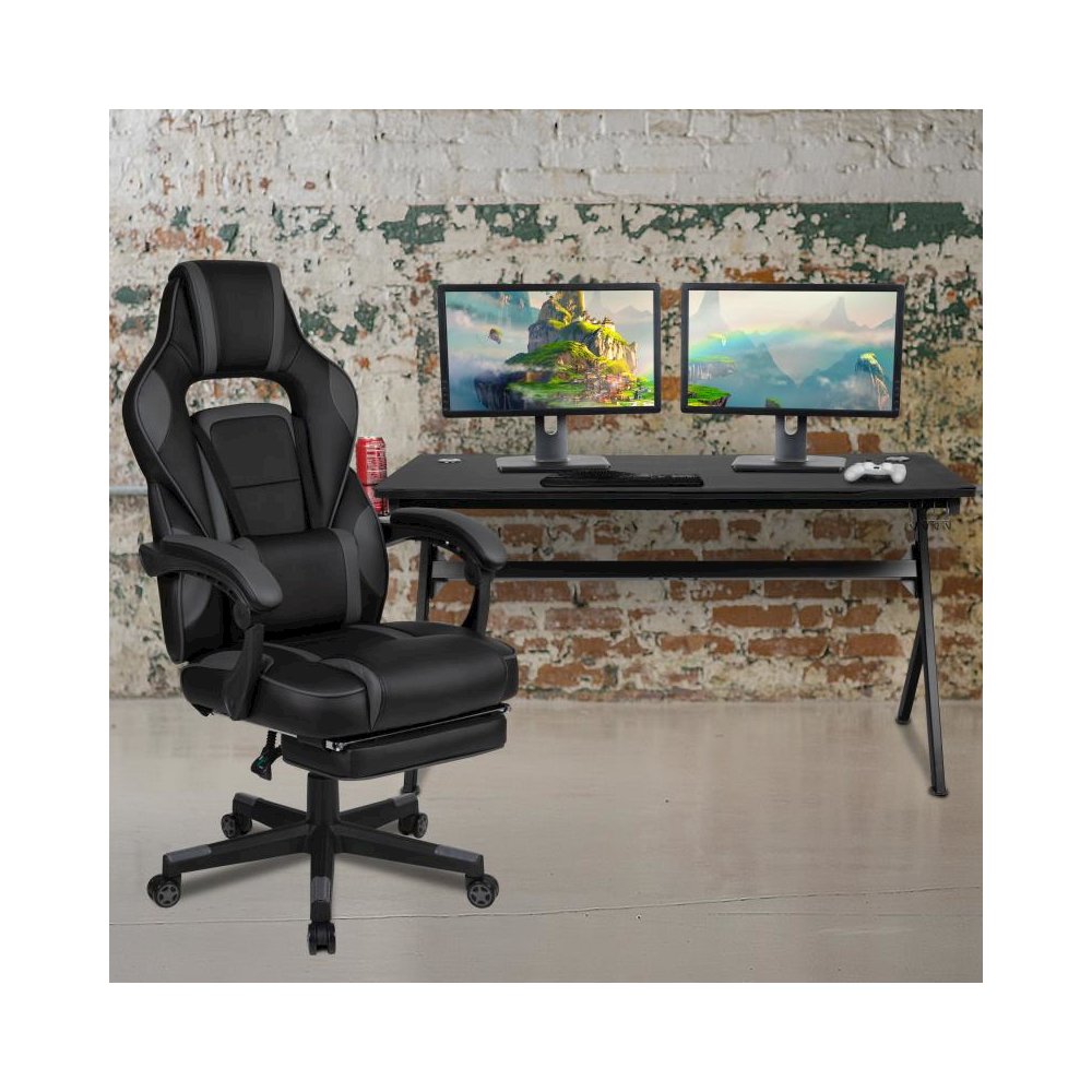 Gaming Desk with Cup Holder/Headphone Hook/Removable Mousepad Top & Black Reclining Back/Arms Gaming Chair with Footrest. Picture 2