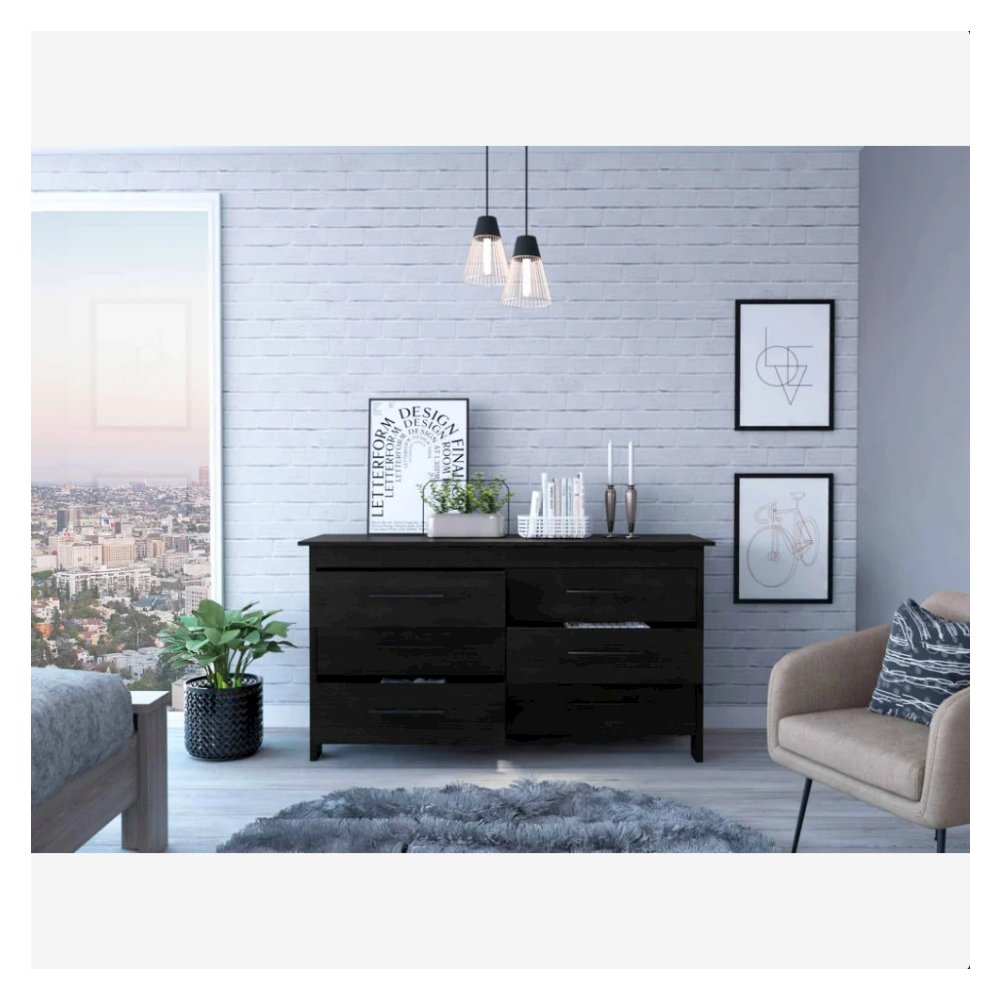 HMS 6 Drawer Double Dresser Black MDF. Picture 3