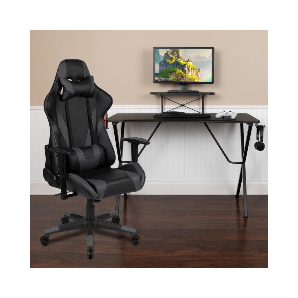 Black Gaming Desk and Gray Reclining Gaming Chair Set with Cup Holder, Headphone Hook, and Monitor/Smartphone Stand. Picture 2