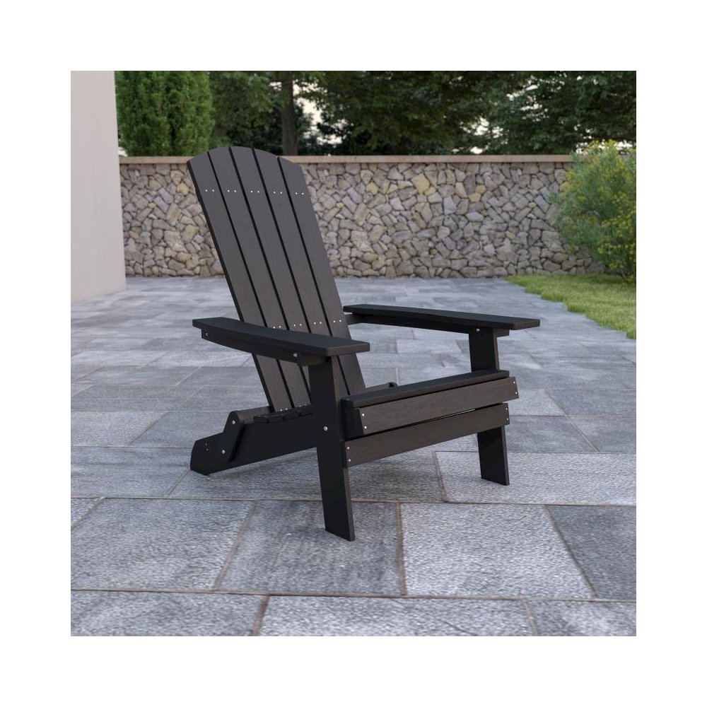 All-Weather Poly Resin Indoor/Outdoor Folding Adirondack Chair in Black. Picture 2