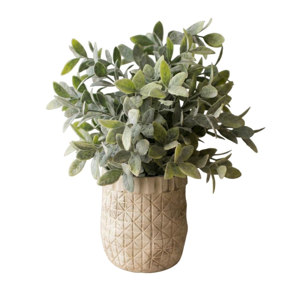 Artificial Sage With Criss Cross Rustic White Pot. Picture 1