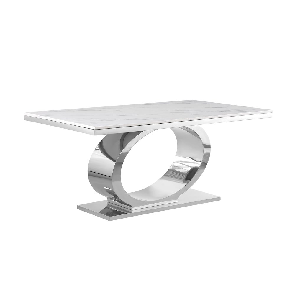 Small 68" Rectangular marble top dining table with a silver color base. Picture 1