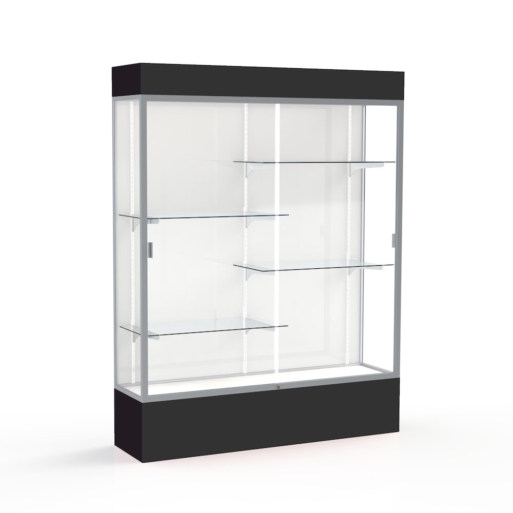 Spirit  60"W x 80"H x 16"D  Lighted Floor Case, White Back, Satin Finish, Black Base and Top. Picture 1