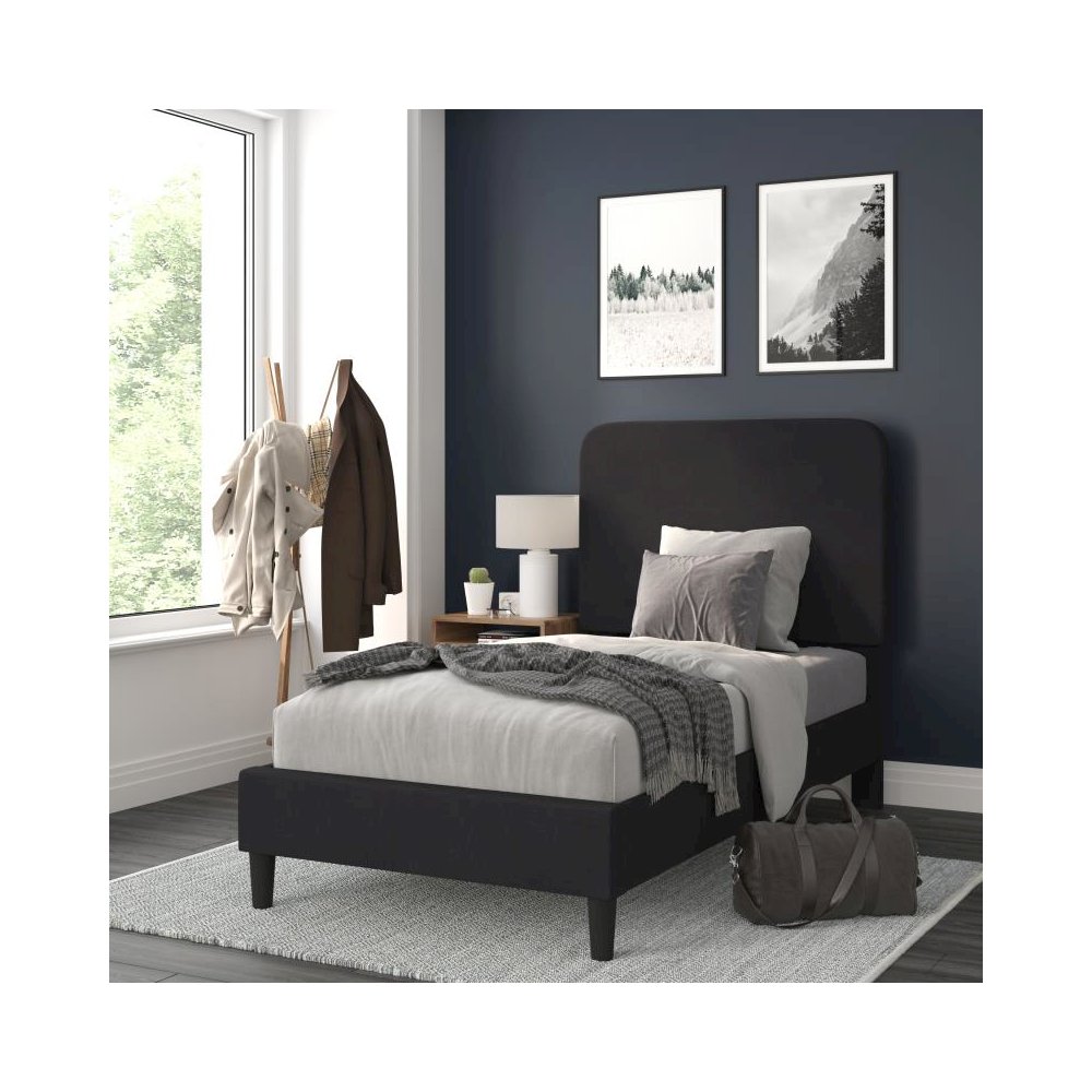 Charcoal Twin Fabric Upholstered Platform Bed - Headboard with Rounded Edges - No Box Spring or Foundation Needed. Picture 2