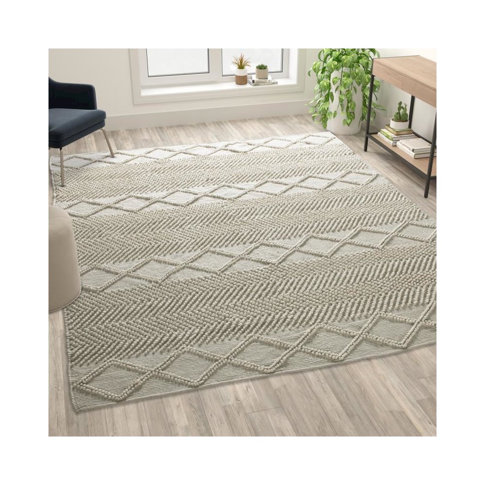 8' x 10' White & Ivory Geometric Design Handwoven Area Rug - Wool/Polyester/Cotton Blend. Picture 2