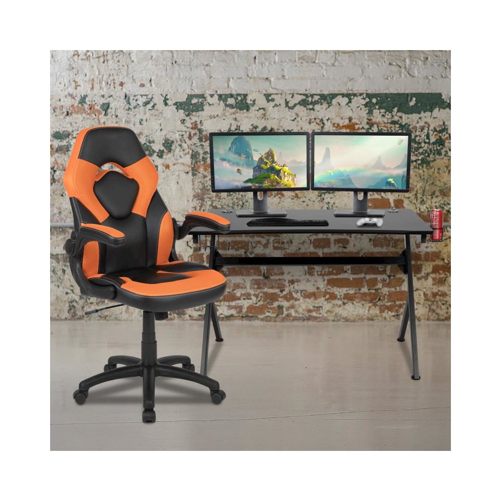 Black Gaming Desk and Orange/Black Racing Chair Set with Cup Holder, Headphone Hook & 2 Wire Management Holes. Picture 2