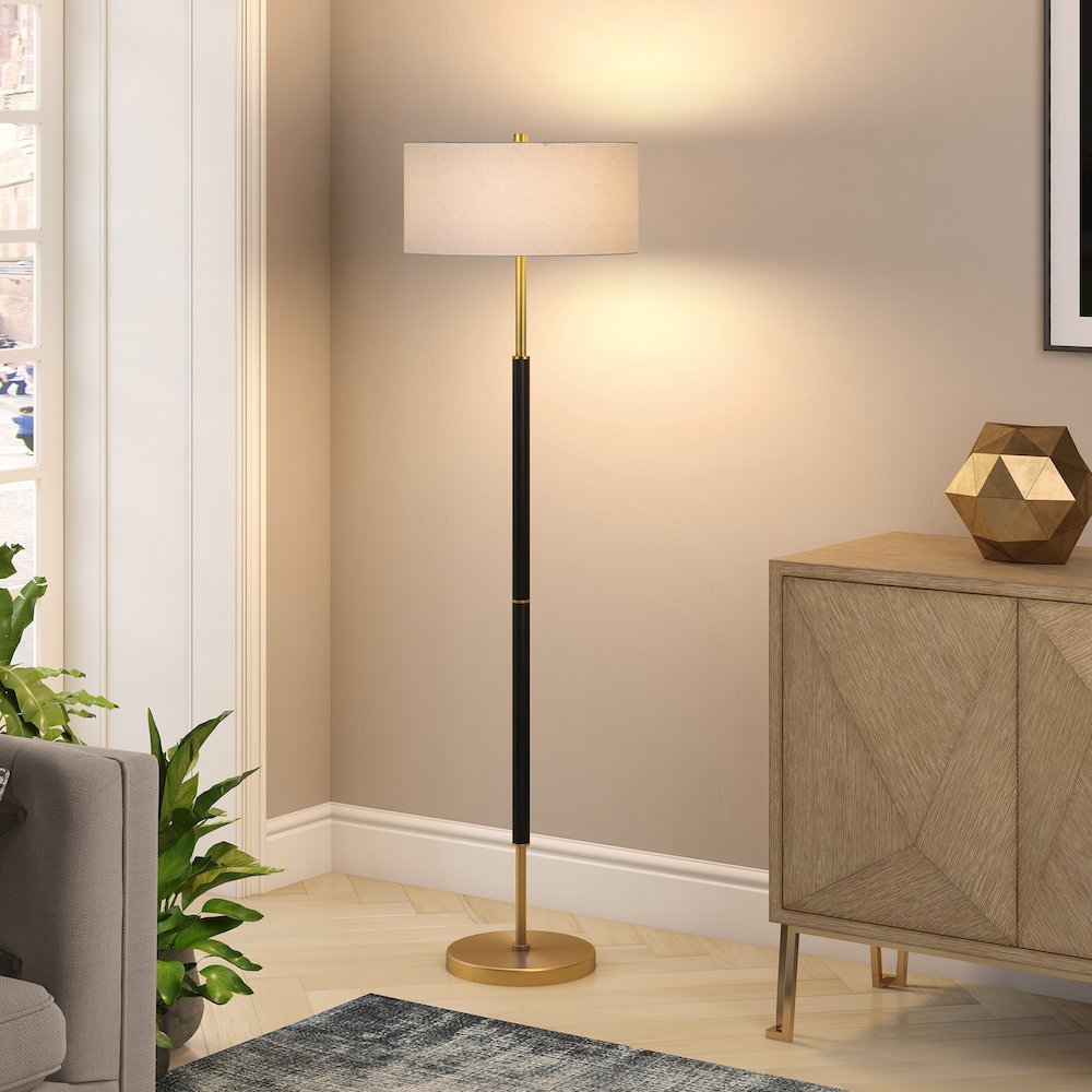Simone 2-Light Floor Lamp with Fabric Shade in Matte Black/Brass/White. Picture 9