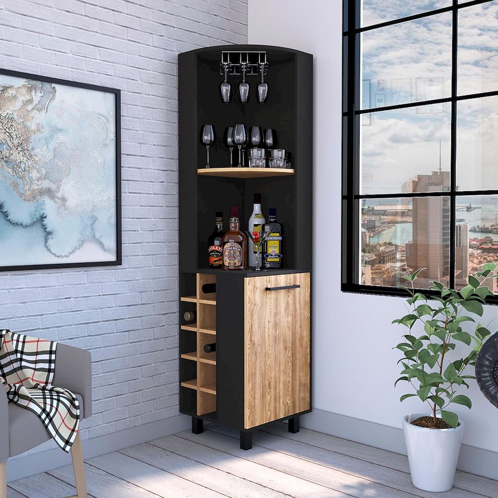 Kaia Corner Bar Cabinet Black / Pine MDF. Picture 2