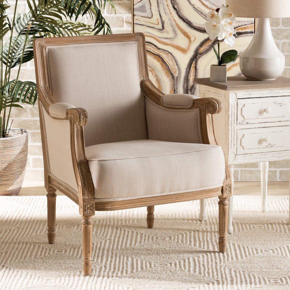 Baxton Studio Chavanon Wood & Light Beige Linen Traditional French Accent Chair. Picture 5