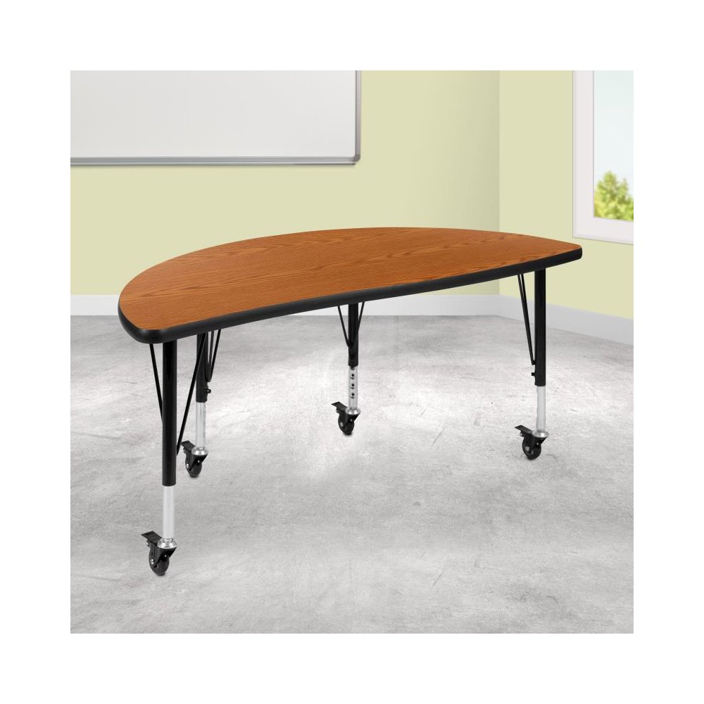 Mobile 47.5" Half Circle Wave Flexible Collaborative Oak Thermal Laminate Activity Table - Height Adjustable Short Legs. Picture 2