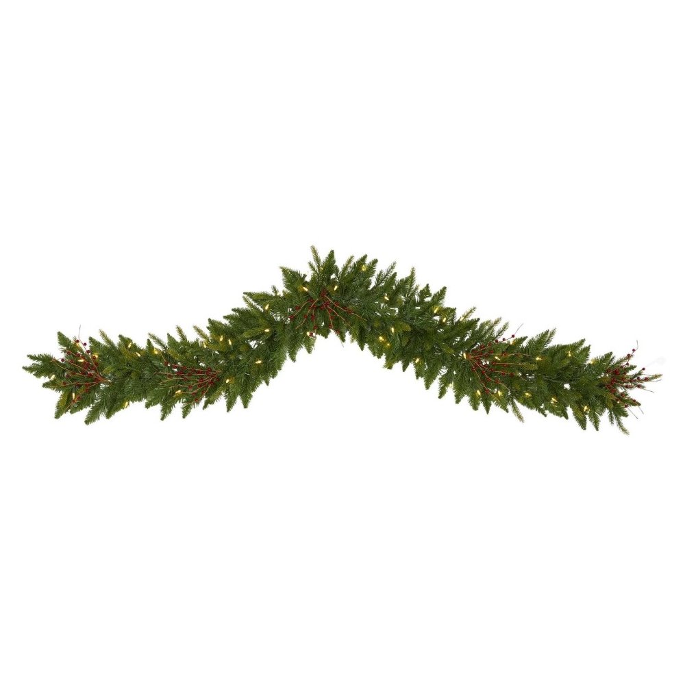 6ft. Christmas Pine Artificial Garland with 50 Warm White LED Lights and Berries. Picture 1