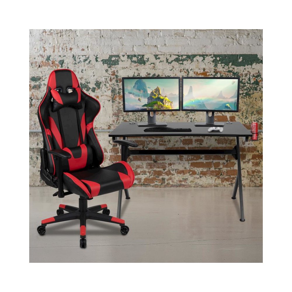 Black Gaming Desk and Red/Black Reclining Gaming Chair Set with Cup Holder, Headphone Hook & 2 Wire Management Holes. Picture 2