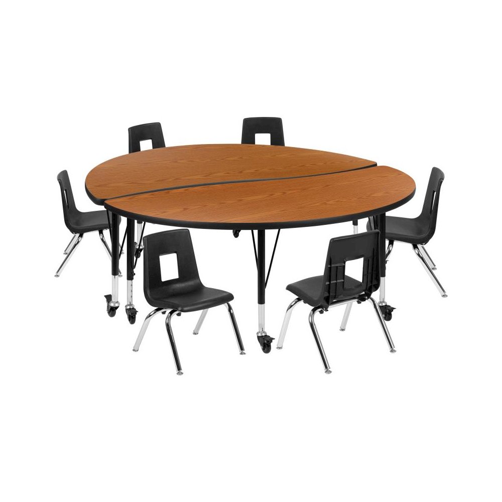 47.5" Circle Wave Flexible Laminate Activity Table Set with 16" Student Stack Chairs, Oak/Black. Picture 1