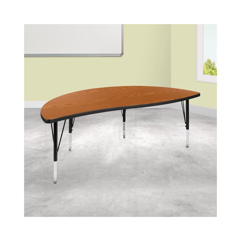 60" Half Circle Wave Flexible Collaborative Oak Thermal Laminate Activity Table - Height Adjustable Short Legs. Picture 1