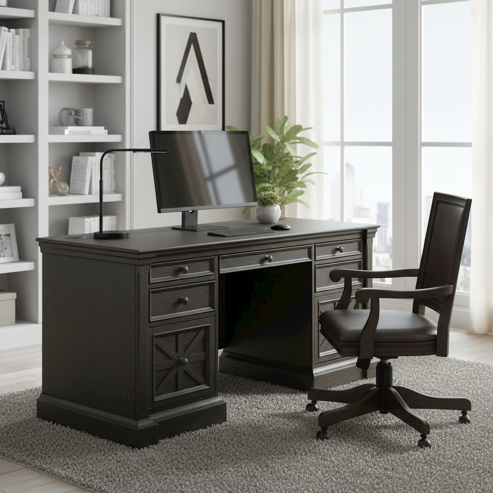 Traditional Credenza, 7 Drawers, 2 Locking Files, Power Center, Dark Brown. Picture 3