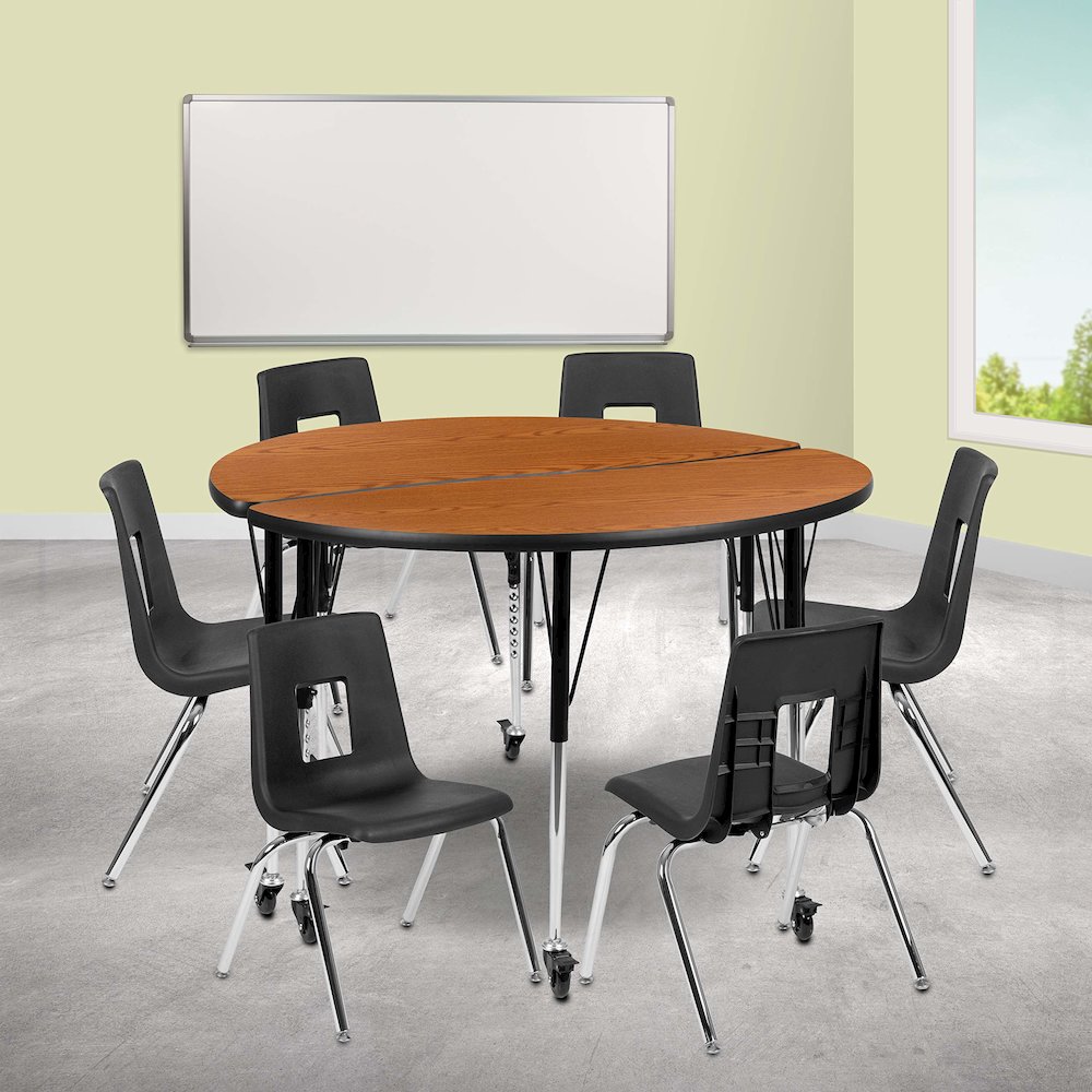 Mobile 47.5" Circle Wave Flexible Laminate Activity Table Set with 12" Student Stack Chairs, Oak/Black. Picture 2