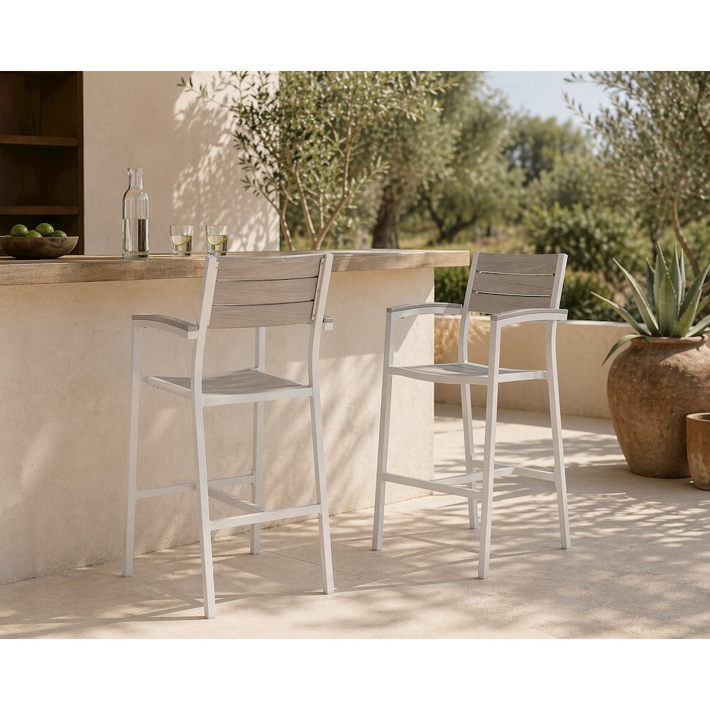 Aluminum Outdoor Patio Bar Stool with Armrests and Cushioned Seat. Picture 7