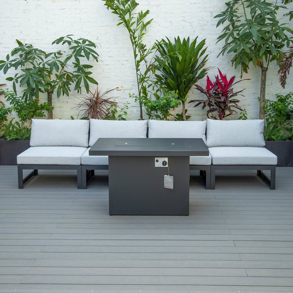 LeisureMod Chelsea 5-Piece Middle Patio Chairs and Fire Pit Table Set With Cushions, Light Grey. Picture 3