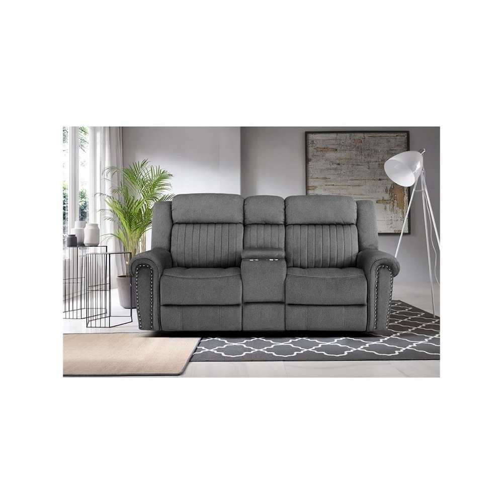 Brennen Microfiber Double Reclining Love Seat With Center Console In Charcoal. Picture 2