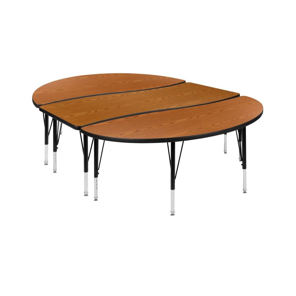 3 Piece 86" Oval Wave Flexible Oak Thermal Laminate Activity Table Set - Height Adjustable Short Legs. Picture 1