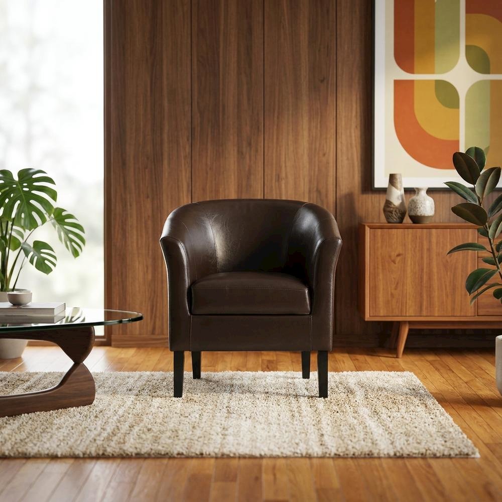 Brown Armchair with Faux Leather Upholstery and Cushioned Seat for Modern Living. Picture 2