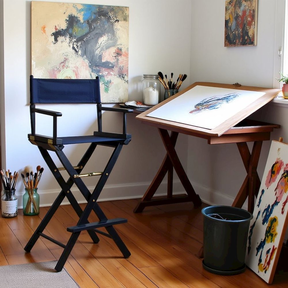 Navy Blue Canvas Director Chair with Solid Wood Frame, Foldable Design. Picture 2