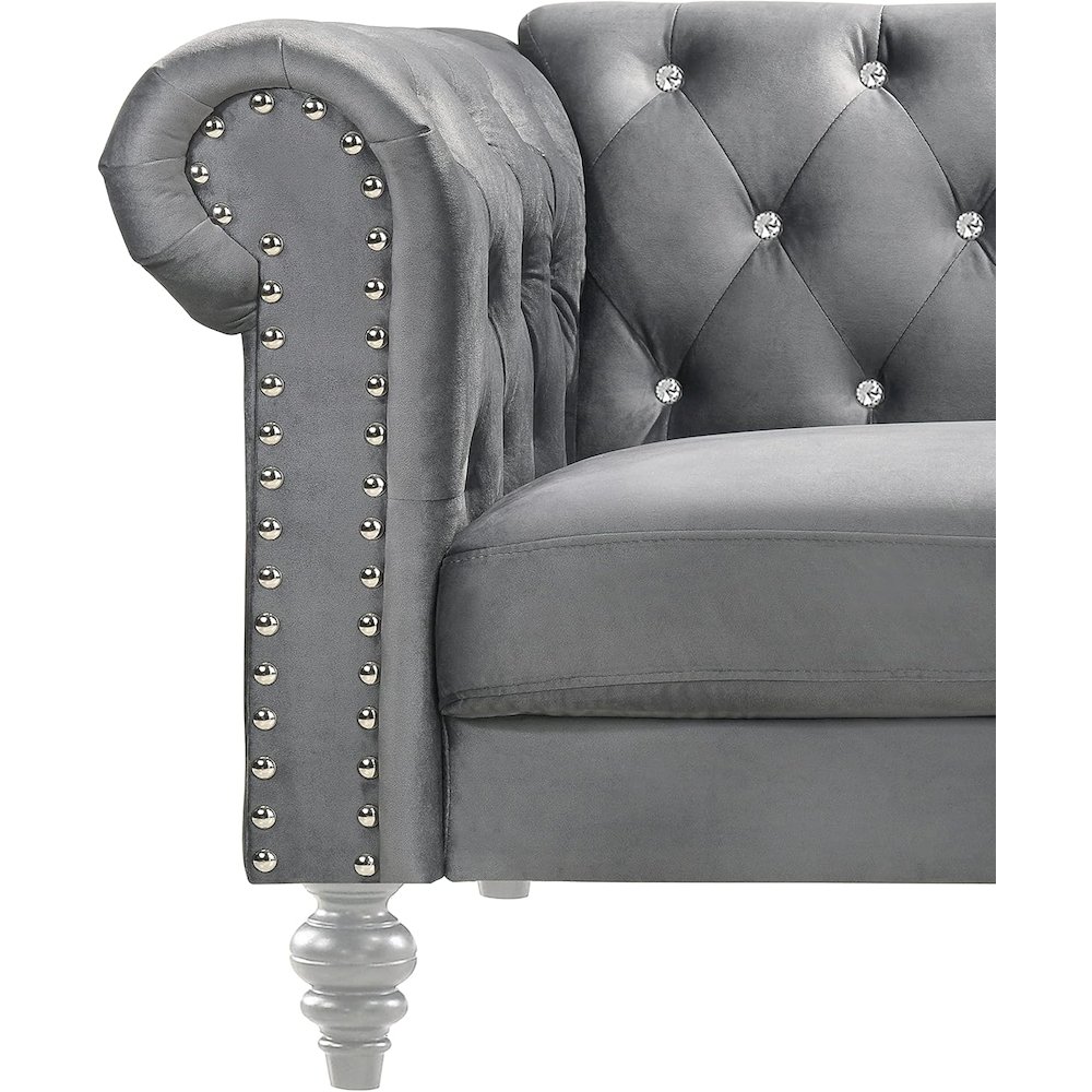 Furniture Emma Velvet Fabric Sofa with Rolled Arms in Gray. Picture 4
