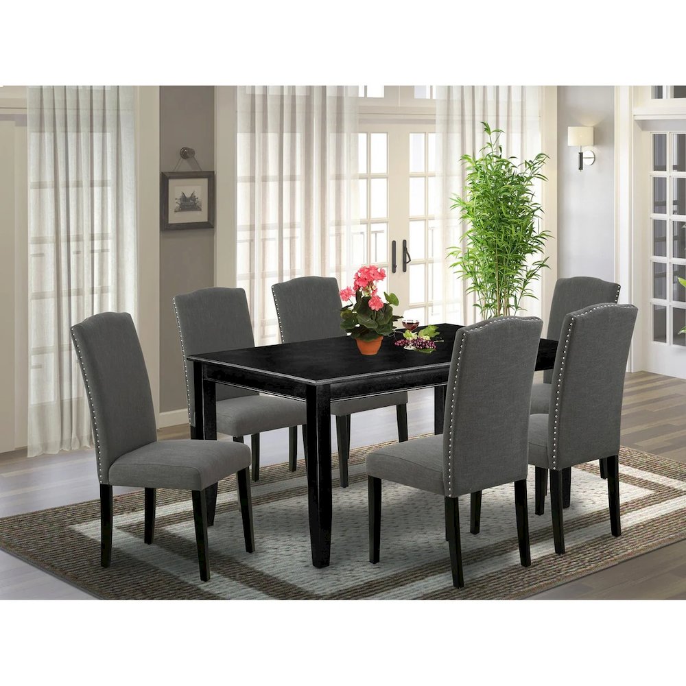 7 Piece Modern Dining Table Set Consist of a Rectangle Wooden Table and 6 Dark Gotham Linen Fabric Upholstered Chairs, Black. Picture 8