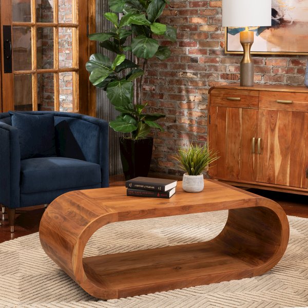 The Wood Cocktail Table Brown Wood 51x23x18" Modern Style. Picture 8