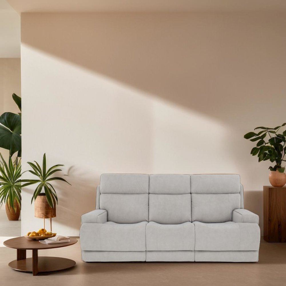 Gray Leather Power Reclining Sofa with Adjustable Headrests and Comfort. Picture 4