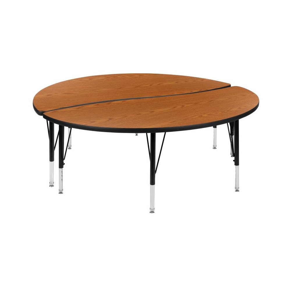 2 Piece 60" Circle Wave Flexible Oak Thermal Laminate Activity Table Set - Height Adjustable Short Legs. Picture 1