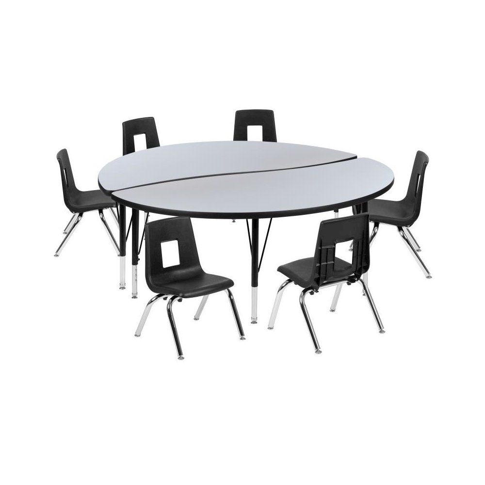 47.5" Circle Wave Flexible Laminate Activity Table Set with 16" Student Stack Chairs, Grey/Black. Picture 1