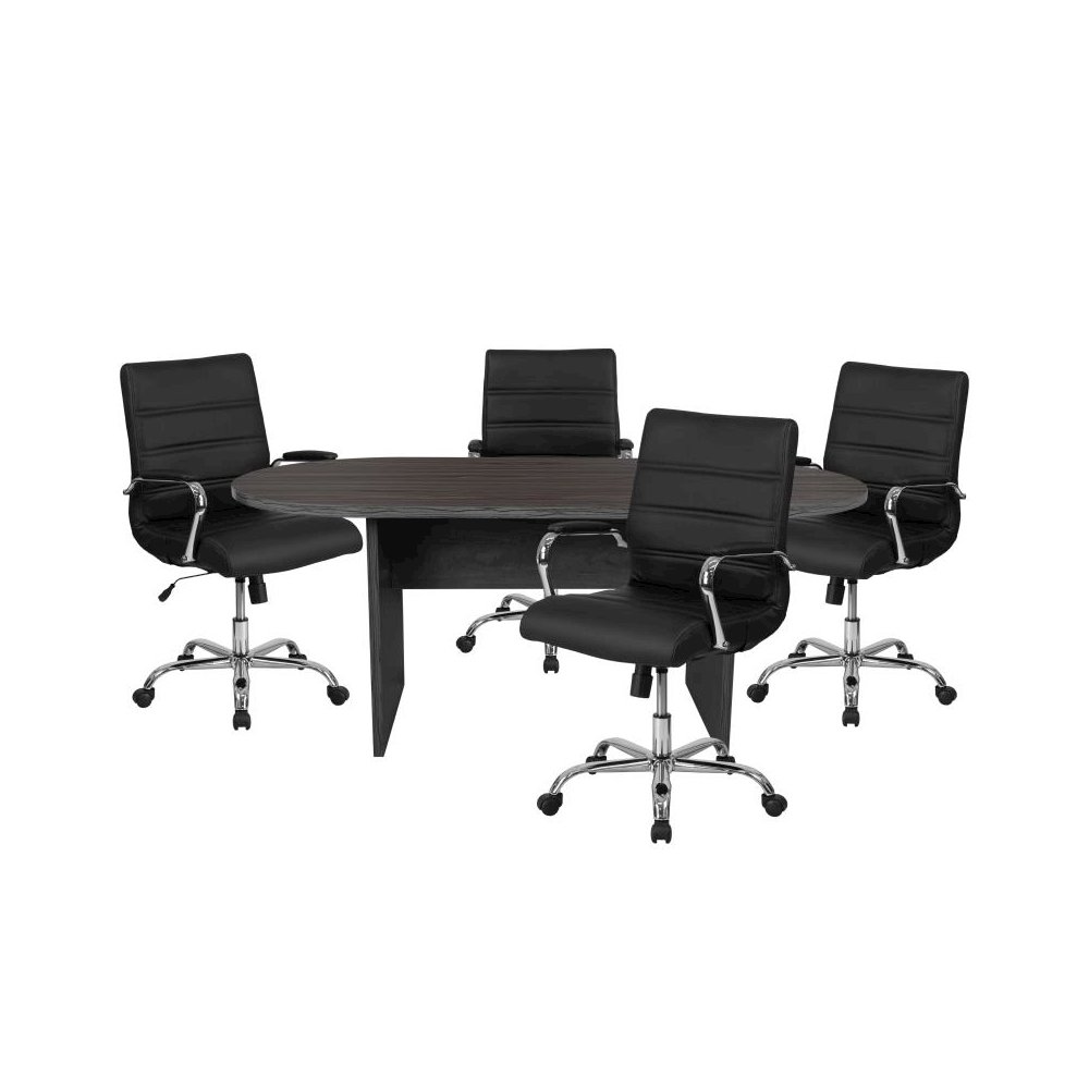 5 Piece Rustic Gray Oval Conference Table Set with 4 Black and Chrome LeatherSoft Executive Chairs. Picture 1