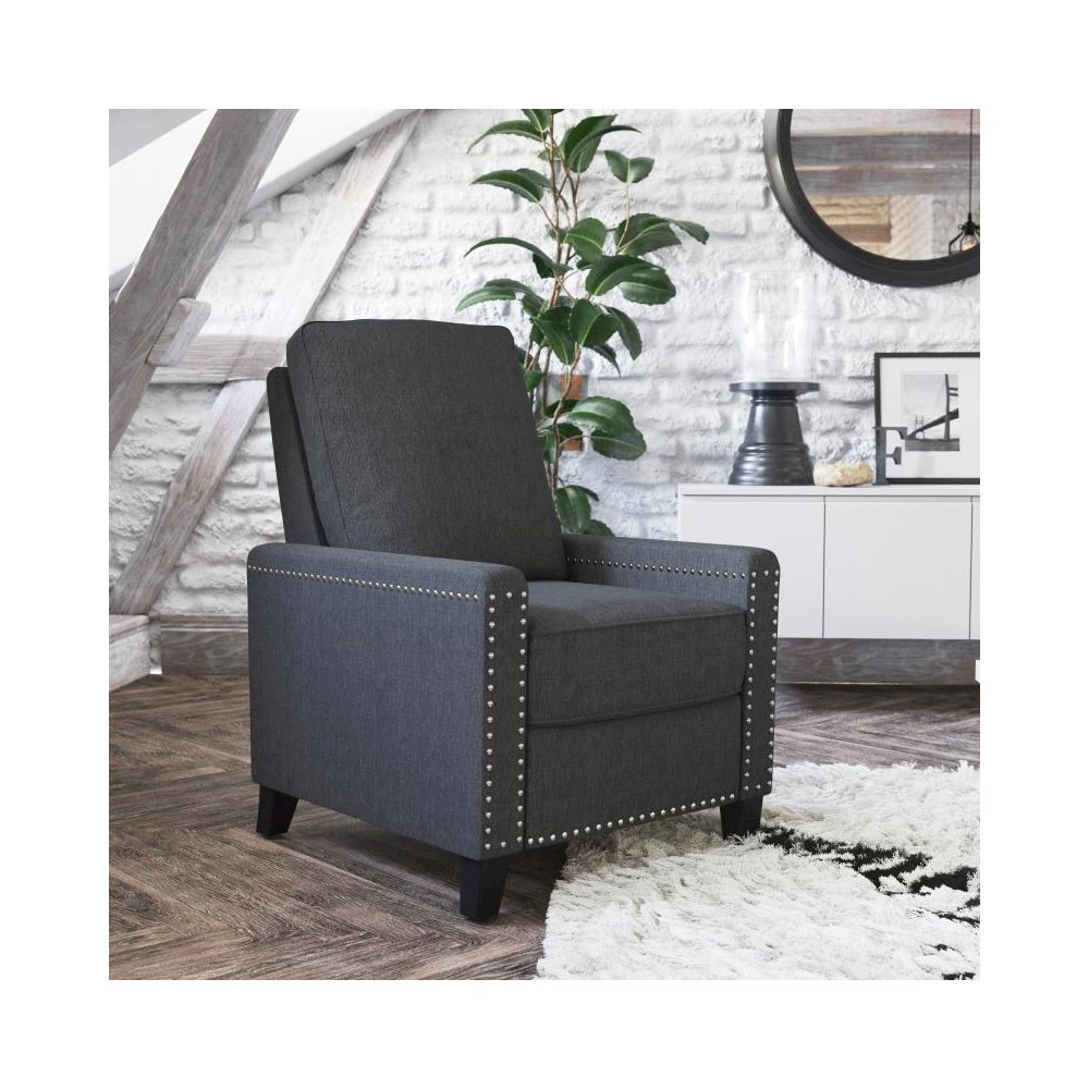 Transitional Style Push Back Recliner Chair - Pillow Back Recliner - Gray Fabric Upholstery - Accent Nail Trim. Picture 2