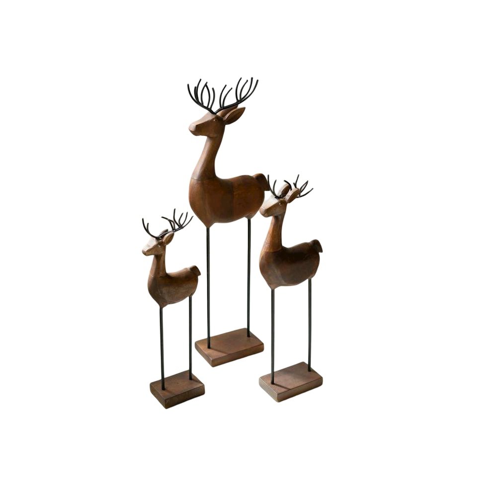 Set Of Three Carved Wood And Iron Reindeer On Bases. Picture 1